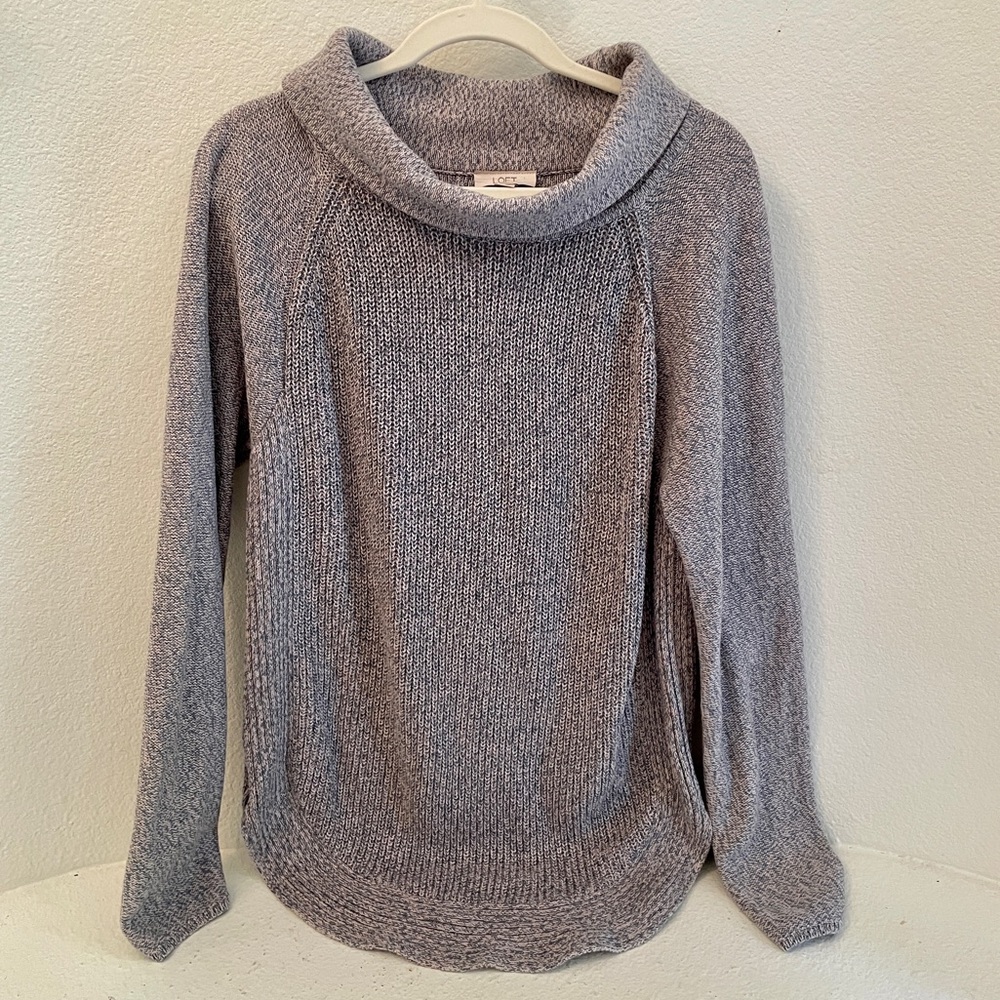 Loft cowl neck sweater. Gray, pink, ivory knit. Size L